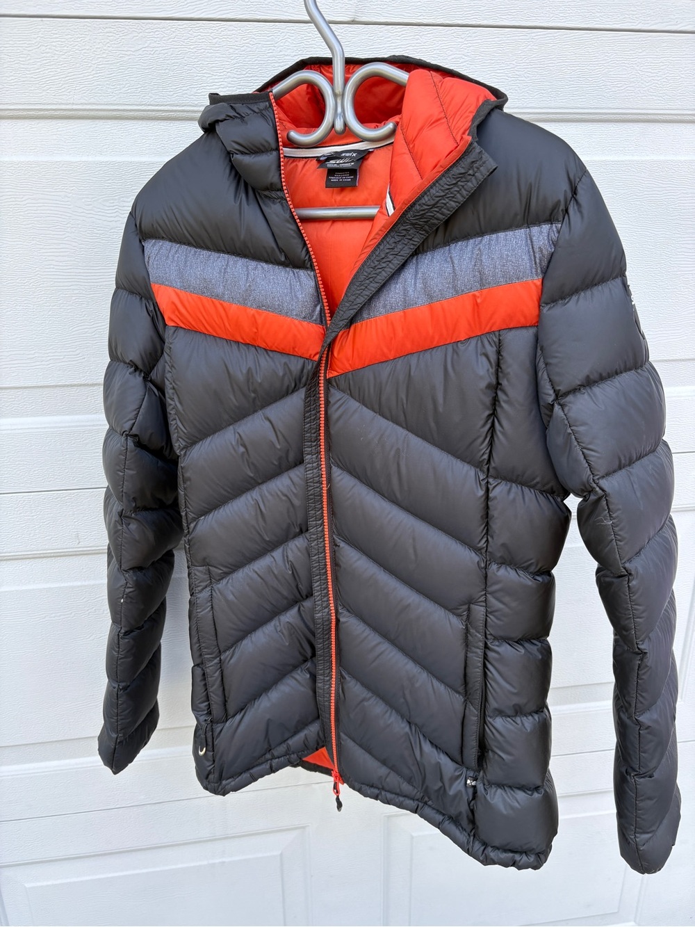 Men's Black Puffer Jacket with Orange Accents and Hood